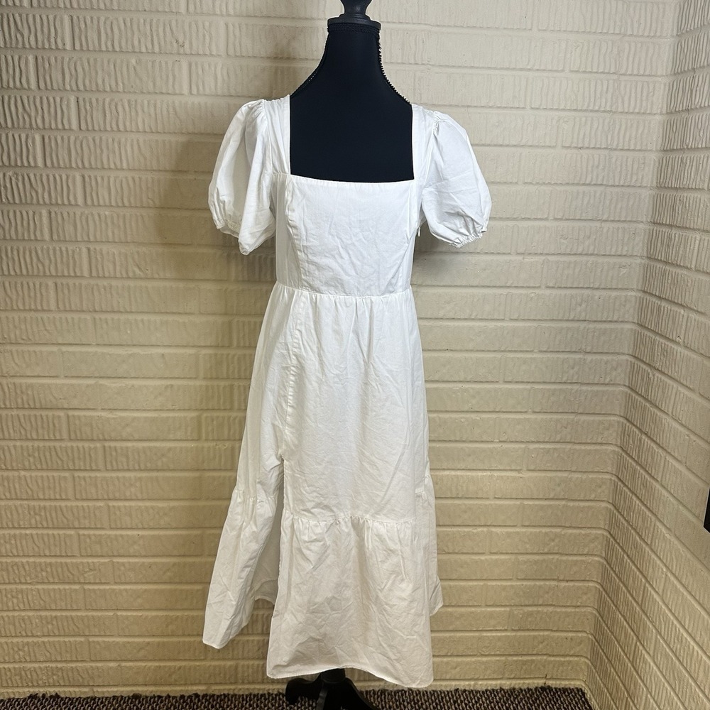 ASTR The Label Women's Poplin Puff Sleeve Tiered White Midi Maxi Dress Sz M Slit